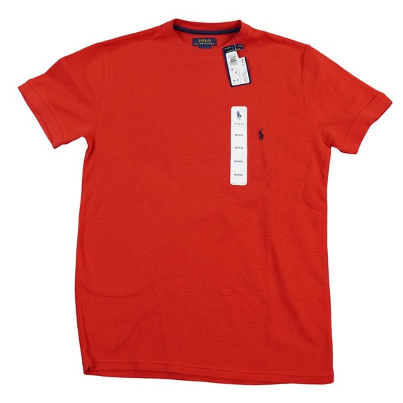 Polo Ralph Lauren Waffle Knit Shirt Mens Medium Red Crew Neck Short Sleeve‎ Pony - Picture 1 of 10
